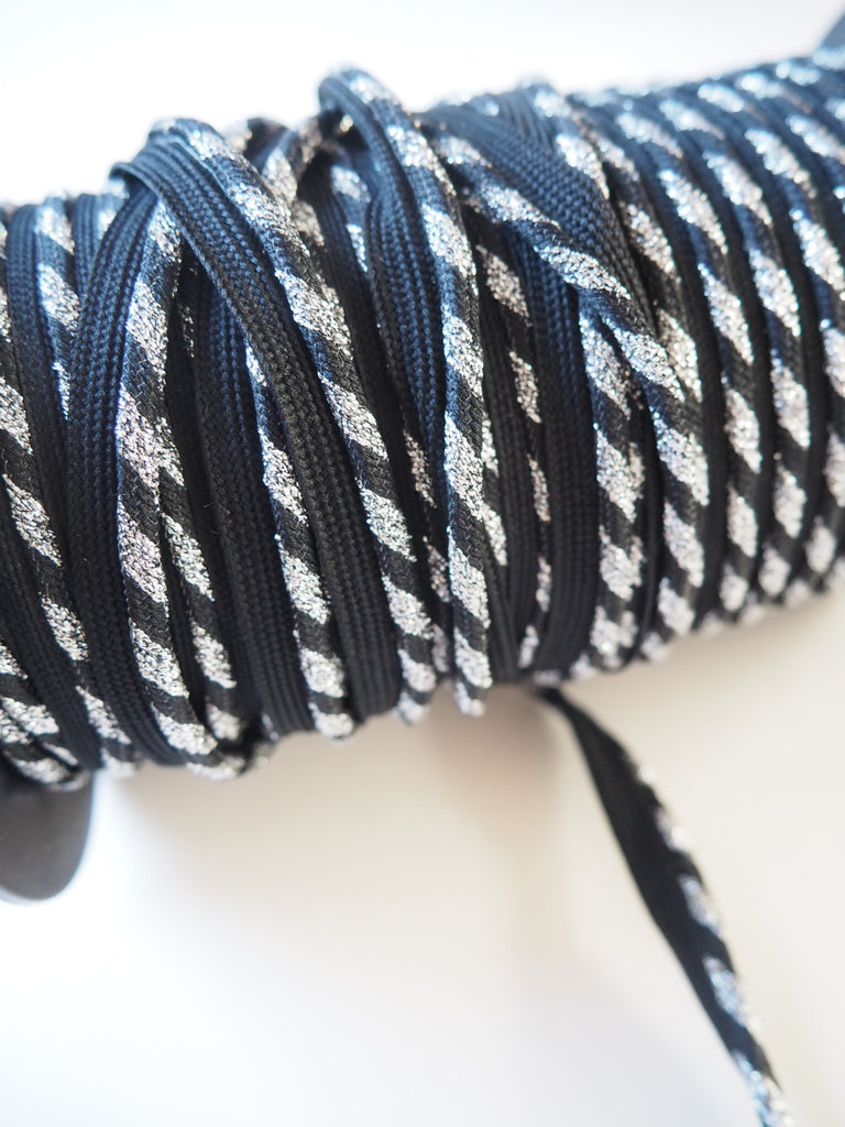 Silver and Black Metallic Stripe Woven Piping 12mm