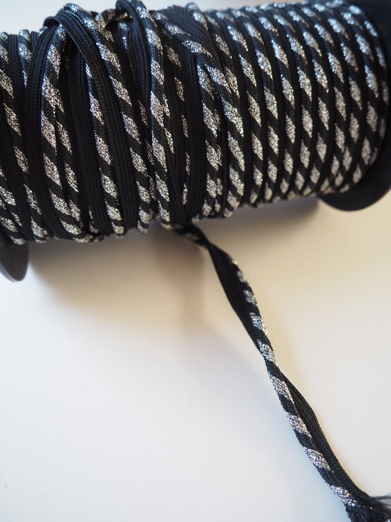 Silver and Black Metallic Stripe Woven Piping 12mm