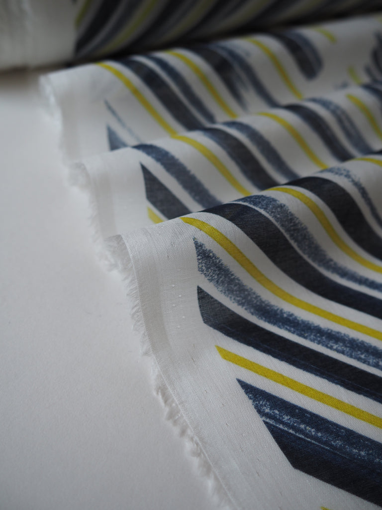 Navy and Yellow Bias Brushstroke Cotton Voile