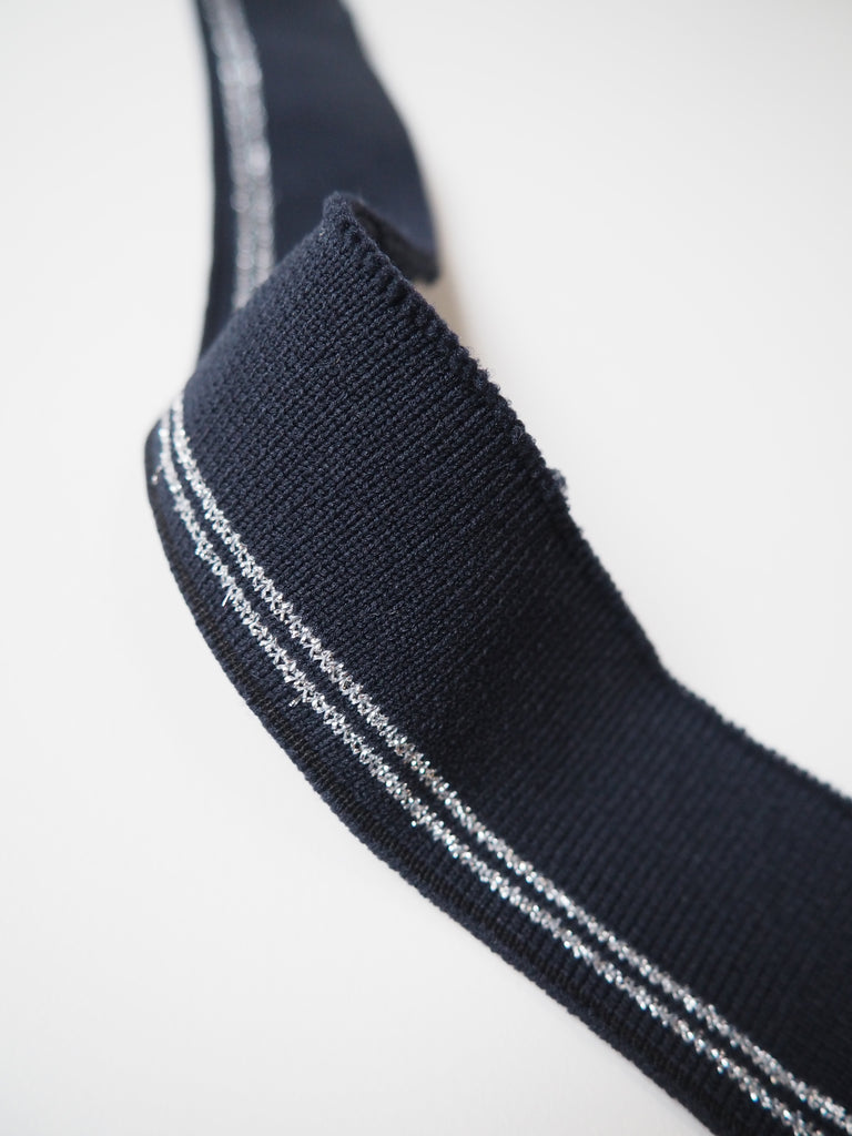 Navy and Silver Sparkle Stripe Ribbed Cuff 3.5cm