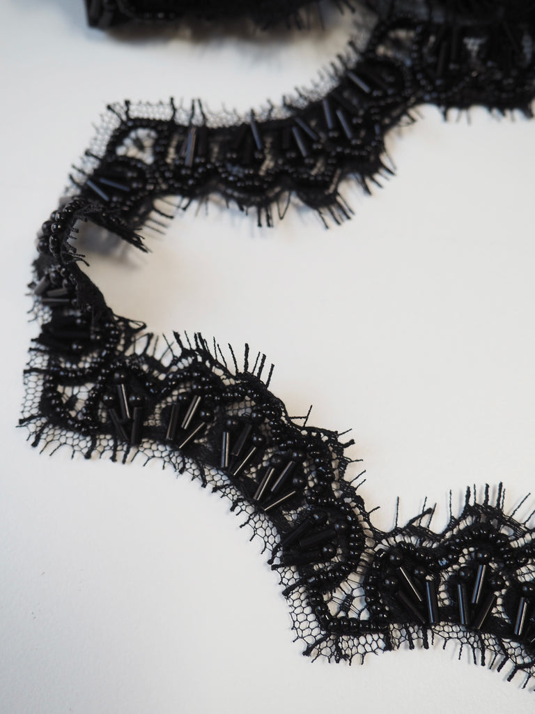 Hand Beaded Black Chantilly Lace Trim