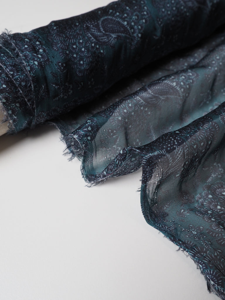 Teal Peacocks Silk Chiffon