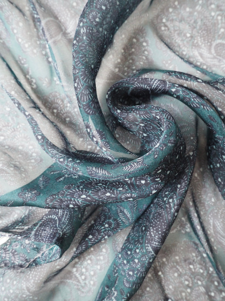 Teal Peacocks Silk Chiffon